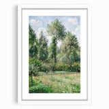 Abstract art print of a Camille Pissarro design in a white frame with mat, featuring muted earth tones.