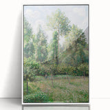 Art deco poster of a serene landscape in muted greens and blues on framed acrylic, ideal for modern nursery wall decor.