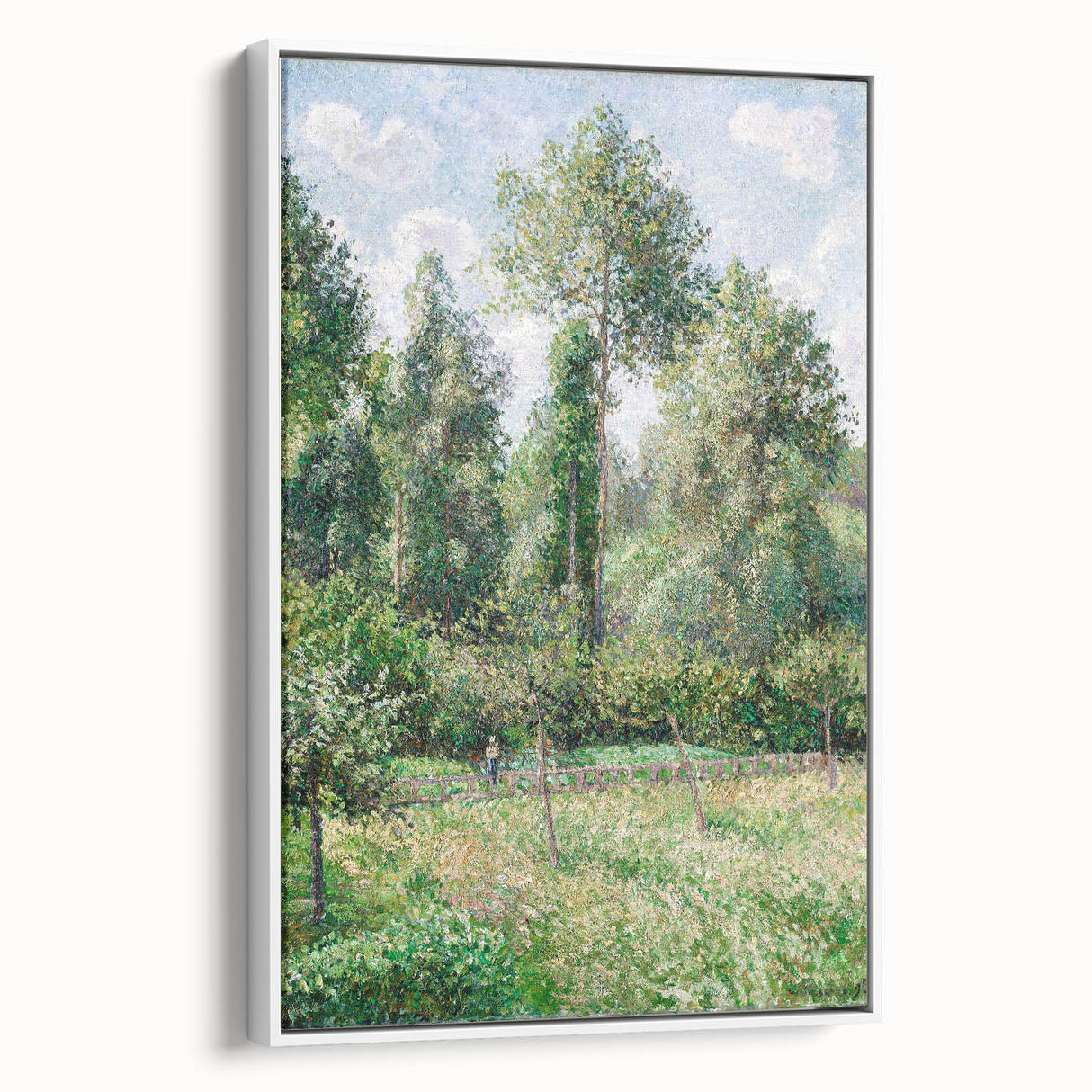 Vintage poster art featuring a Camille Pissarro design in colorful hues on a large framed canvas.