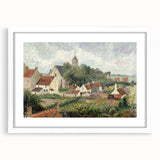 Abstract art print depicting a vibrant, colorful landscape on a framed white canvas.