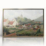 Mid-century modernist art print of a pastoral scene with soft greens and blues, framed in gold acrylic.