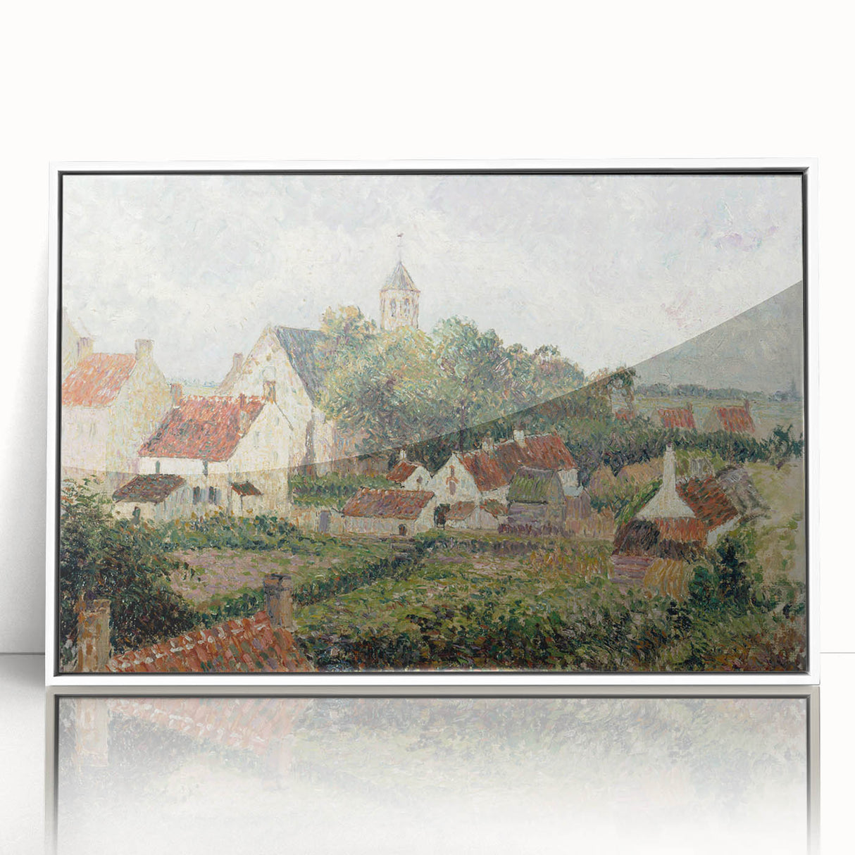 Acrylic print of Camille Pissarro's impressionist painting in a white frame, featuring muted earth tones.