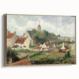 Framed canvas of Camille Pissarro's landscape painting in muted green and gold tones, ideal for bedroom wall art.