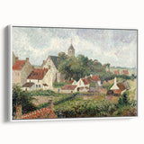 Vintage poster art of a Camille Pissarro painting, featuring colorful rural scenery on a framed canvas.
