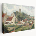 Side view of a stretched canvas featuring Camille Pissarro's impressionist art, with soft earth tones.