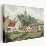 Side view of a stretched canvas featuring Camille Pissarro's impressionist art, with soft earth tones.