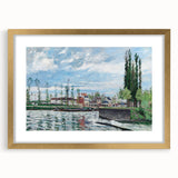 Textured abstract art print of a Camille Pissarro-inspired scene in a gold frame.