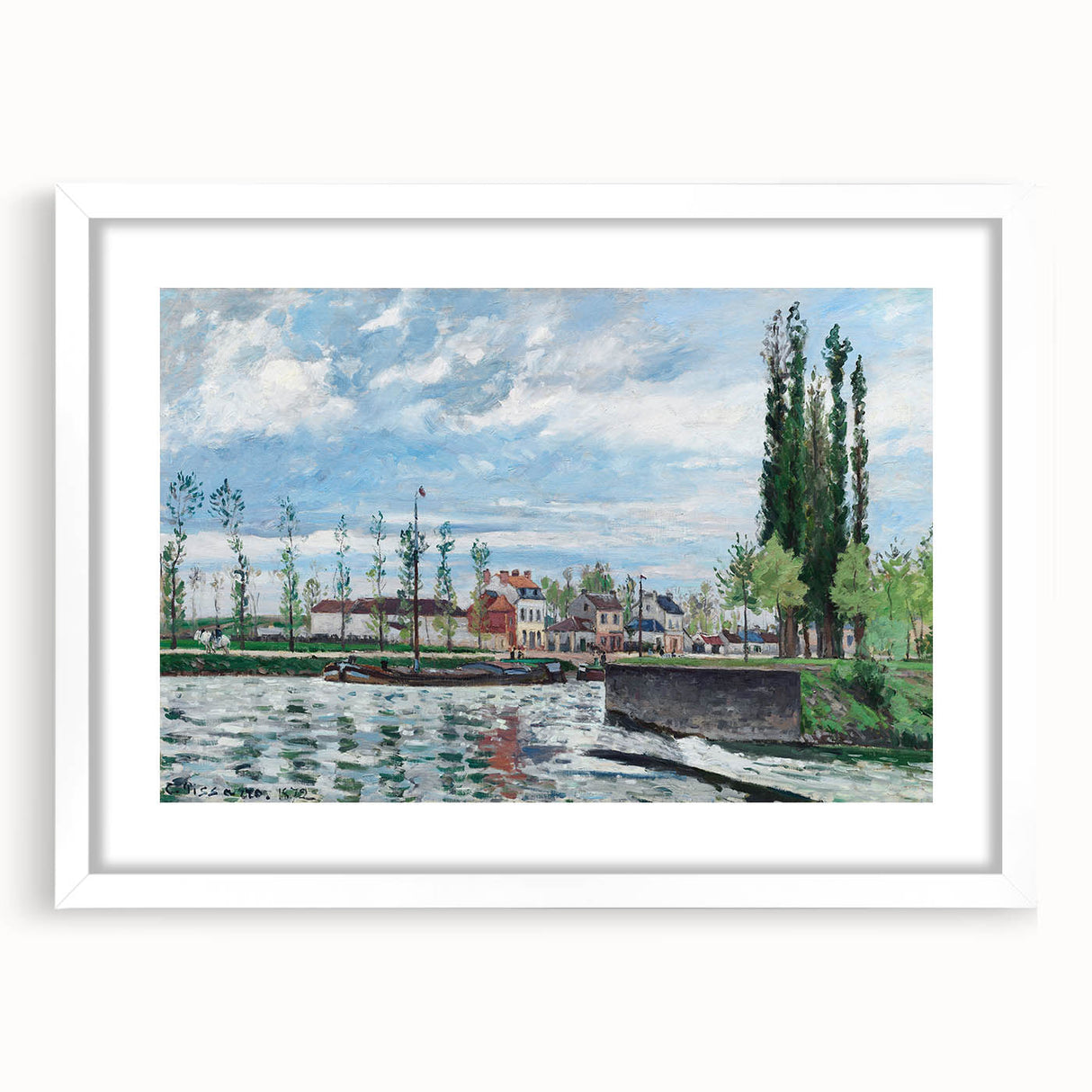 Abstract art print of a Camille Pissarro design on white framed canvas, featuring muted earth tones.