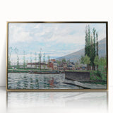 Mid-century modernist art print of a Camille Pissarro painting in a gold frame, with soft pastel tones.