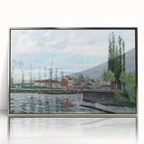 Mid-century modernist art depicting a rural landscape by Camille Pissarro, in a silver framed acrylic.