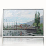 Art deco poster featuring a Camille Pissarro painting, with muted earth tones on white acrylic frame.