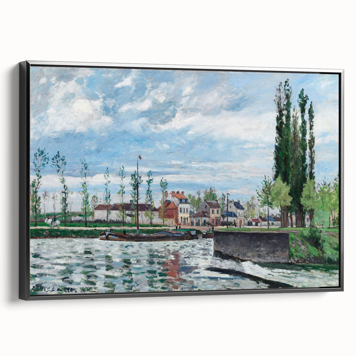 Black and white landscape painting on framed canvas, featuring a vintage poster style, ideal for bedroom wall art.