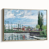 Framed canvas featuring a vintage-style landscape painting by Camille Pissarro, with muted earth tones.