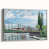 Framed canvas featuring a vintage-style landscape painting with vibrant, colorful foliage and a serene river.