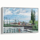 Vintage poster art of a Camille Pissarro painting, featuring colorful rural scenery on a framed canvas.