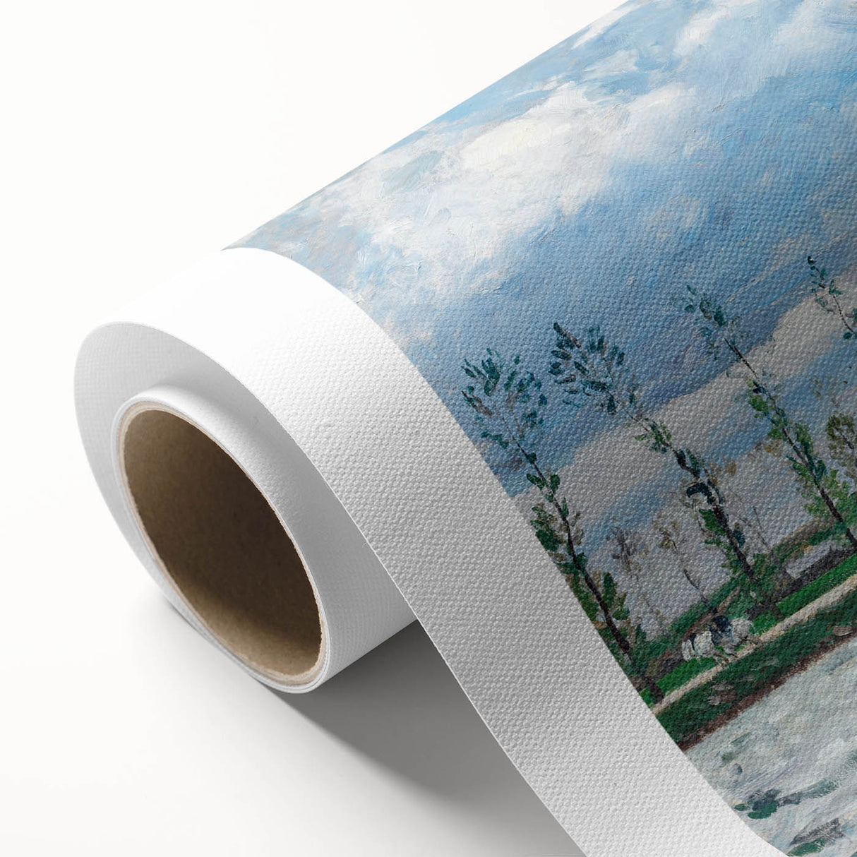 Art deco poster featuring muted pastel shades of a serene landscape on rolled canvas, suitable as nursery wall art.
