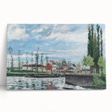 Black and white print of Camille Pissarro's impressionist landscape on large stretched canvas.