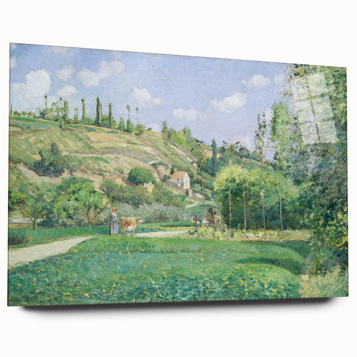 Acrylic print of a Camille Pissarro-inspired landscape in soft green and blue tones, ideal for bedroom or dining room decor.