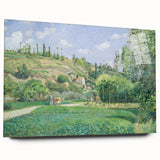 Acrylic print of a Camille Pissarro-inspired landscape in soft green and blue tones, ideal for bedroom or dining room decor.