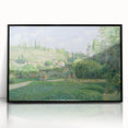 Large abstract wall art by Camille Pissarro in mid-century modernist style, featuring muted colors, framed in black acrylic.