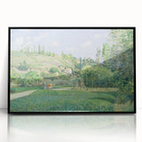 Large abstract wall art by Camille Pissarro in mid-century modernist style, featuring muted colors, framed in black acrylic.