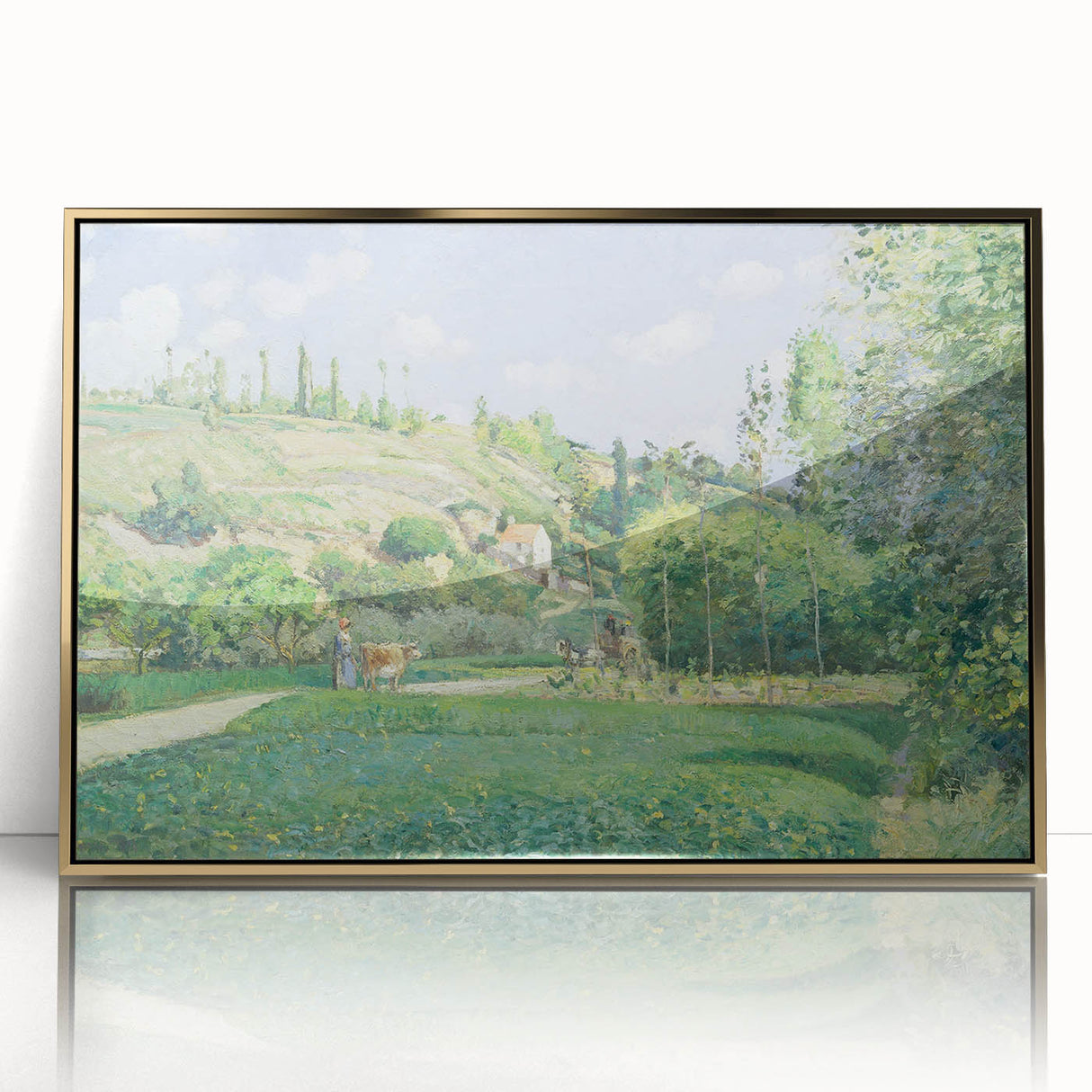 Mid-century modernist art print of Camille Pissarro's design, featuring muted earth tones on a framed acrylic.