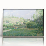 Mid-century modernist art depicting a rural landscape in muted earth tones on a framed acrylic.