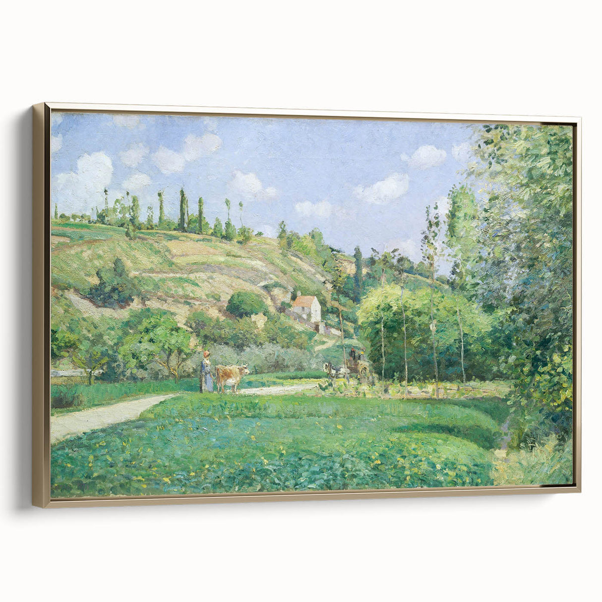 Framed canvas of a Camille Pissarro landscape painting in muted earth tones, ideal for bedroom wall art.