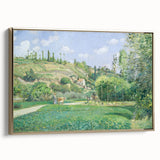 Framed canvas of a Camille Pissarro landscape painting in muted earth tones, ideal for bedroom wall art.