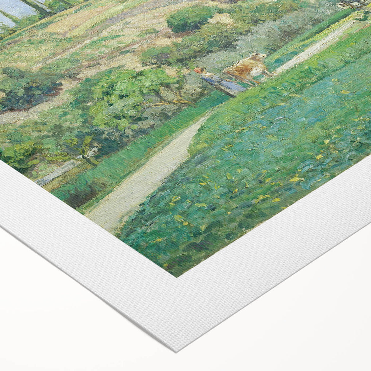 Art deco poster featuring Camille Pissarro's landscape on rolled canvas, with muted earth tones.