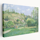 Large canvas print of Camille Pissarro's impressionist painting featuring rural landscape in soft green and blue tones.