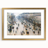 Extra large abstract art print of a textured scene by Camille Pissarro in a gold frame, suited for living room decor.