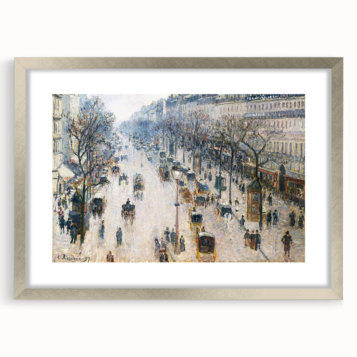 Textured art print of an abstract cityscape in muted gray and blue tones on a silver-framed canvas.