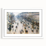 Abstract art print of a vibrant cityscape in a white frame, ideal for modern dining room decor.