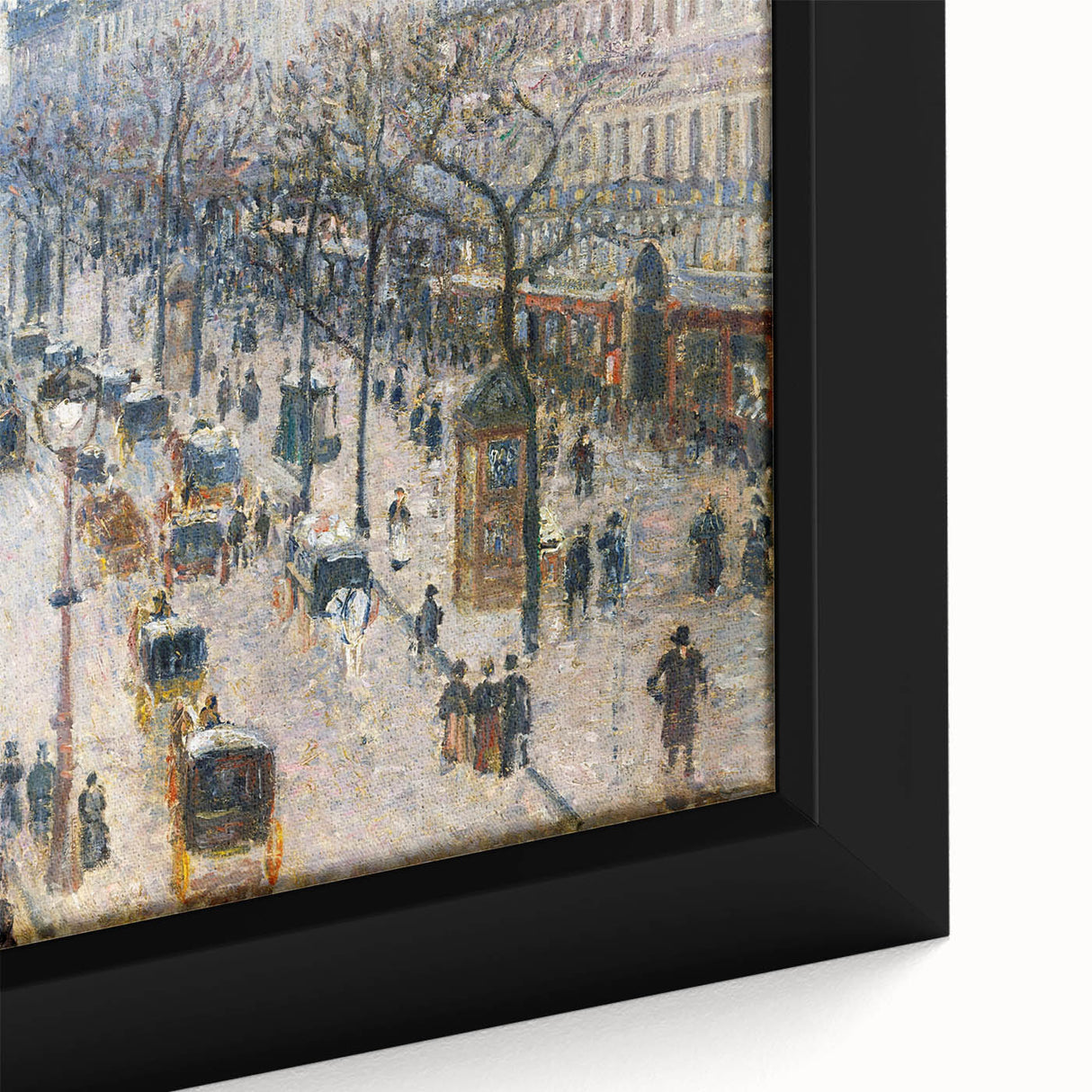 Framed canvas featuring a close-up of a textured, colorful painting by Camille Pissarro, ideal for living room decor.