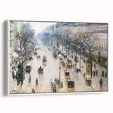 Vintage poster art of a Camille Pissarro painting, featuring colorful art on white framed canvas.