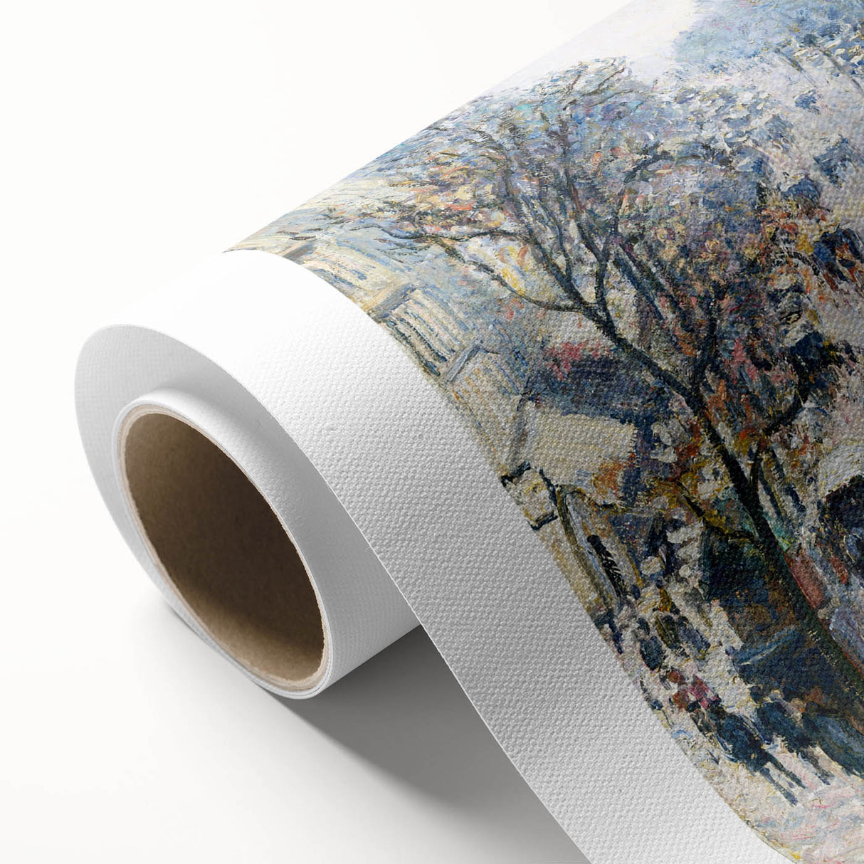 Art deco poster of a serene landscape on rolled canvas, featuring soft green and beige tones, ideal for nursery wall art.