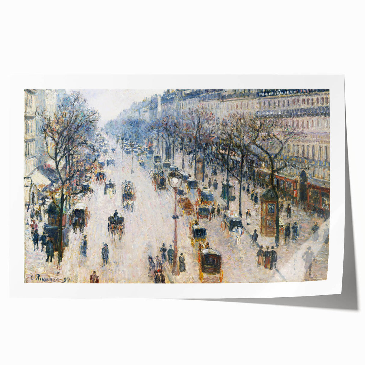 Rolled print of Camille Pissarro's impressionist floral artwork in soft green and yellow tones.