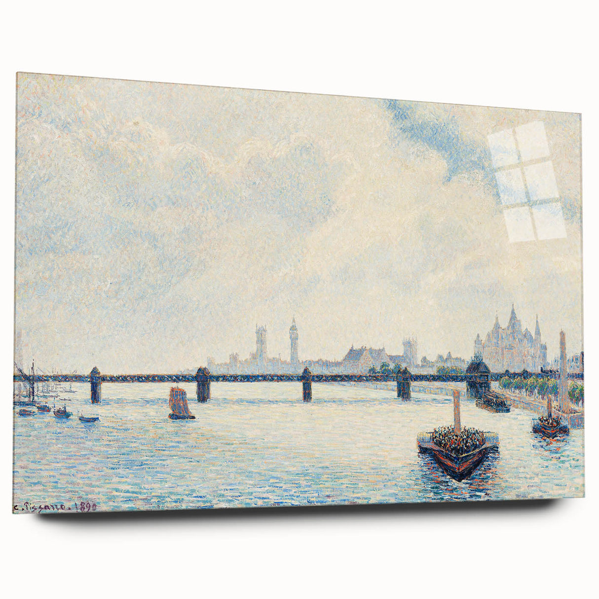 Side view of a large acrylic print of Camille Pissarro's impressionist painting, ideal for bedroom or dining room art.