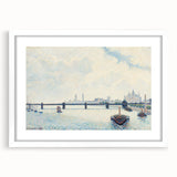 Abstract art print of a colorful landscape by Camille Pissarro, framed in white, ideal for dining room decor.