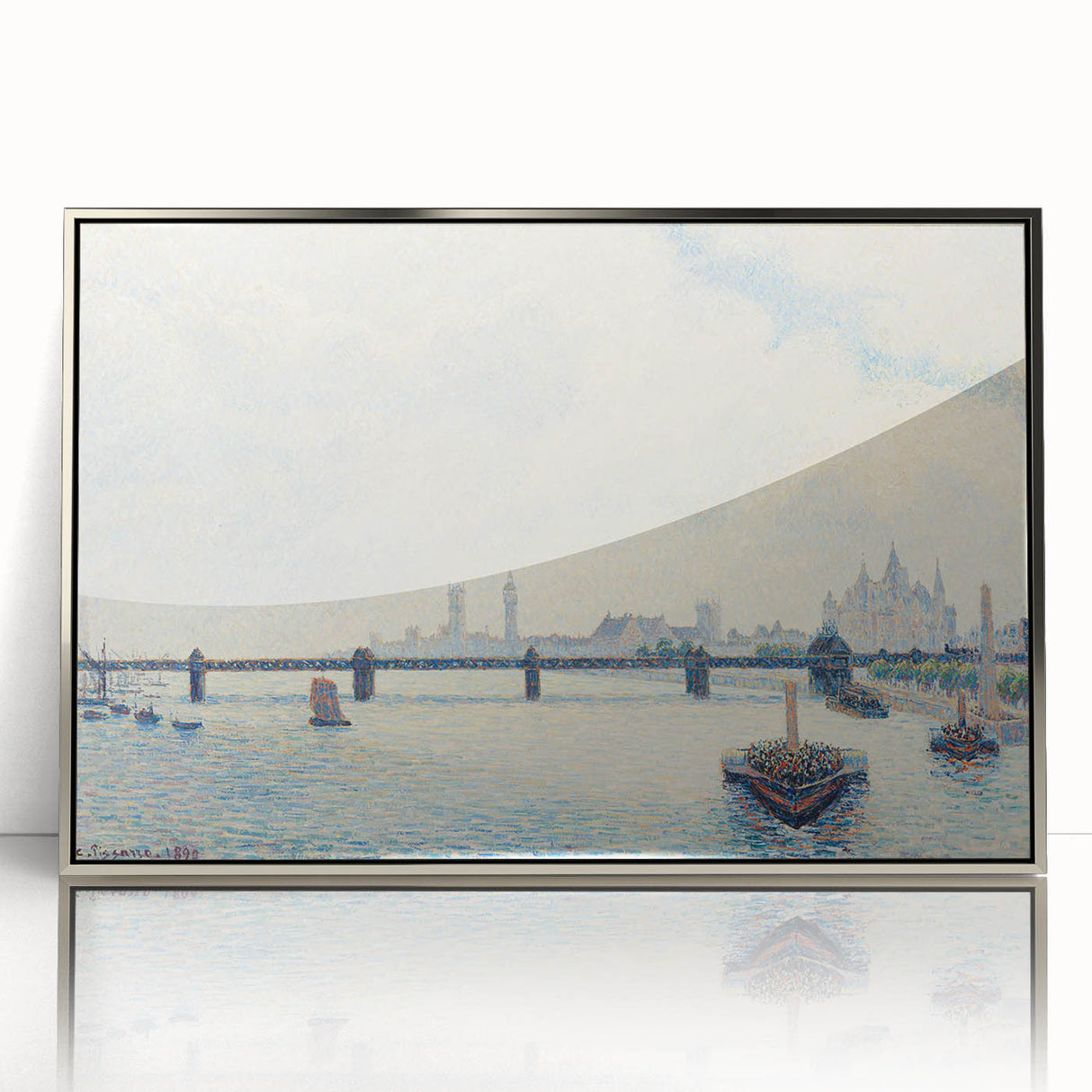 Framed acrylic print of Camille Pissarro's artwork in mid-century modernist style, featuring muted earth tones.