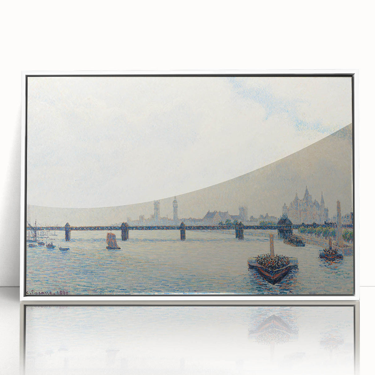 Acrylic print of Camille Pissarro's impressionist art in a white frame, featuring a pastoral scene.