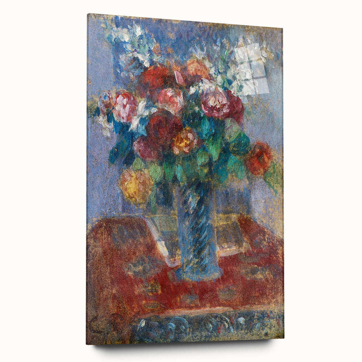 Side view of a Camille Pissarro inspired large abstract wall art on acrylic glass, featuring earthy and green tones.