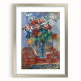 Textured art print of an abstract cityscape in muted gray and blue tones on a silver-framed canvas.