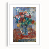 Abstract art print of a Camille Pissarro design in white frame with mat, featuring muted colors, ideal for dining room decor.