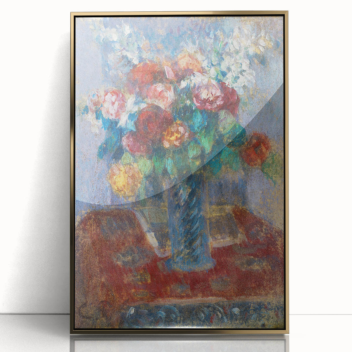 Mid-century modernist art featuring Camille Pissarro's design in muted earth tones on a framed acrylic print.