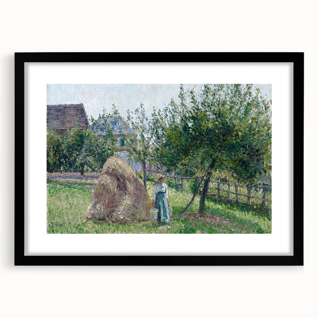Extra large abstract art print of a colorful, textured scene by Camille Pissarro, framed in black.