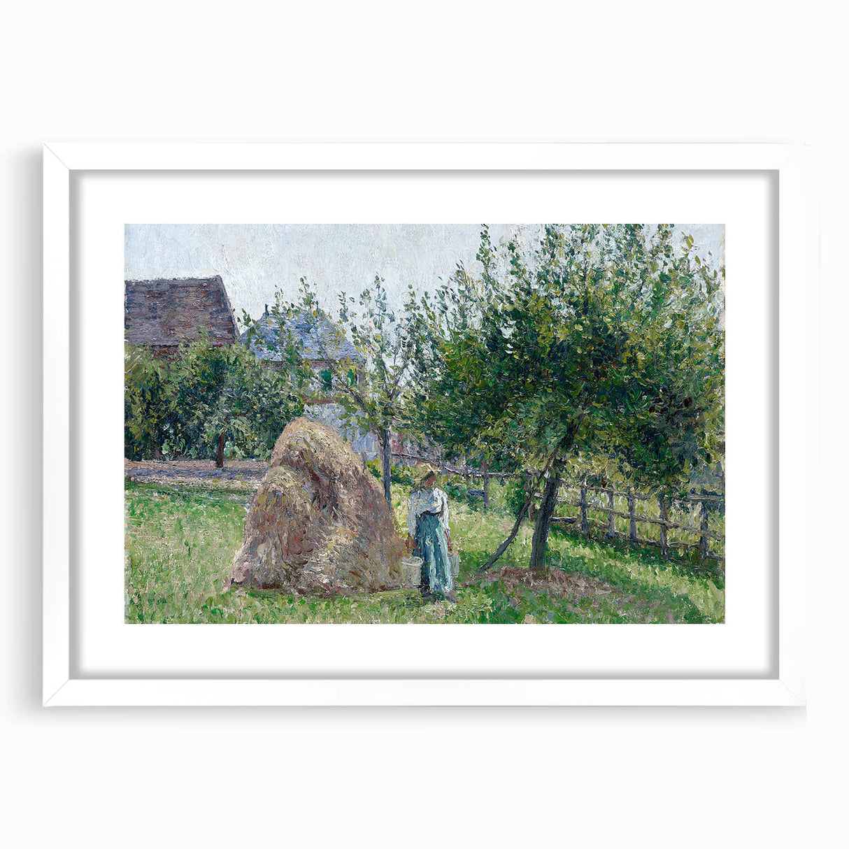 Abstract art print of a Camille Pissarro design in white frame, featuring soft pastel colors.