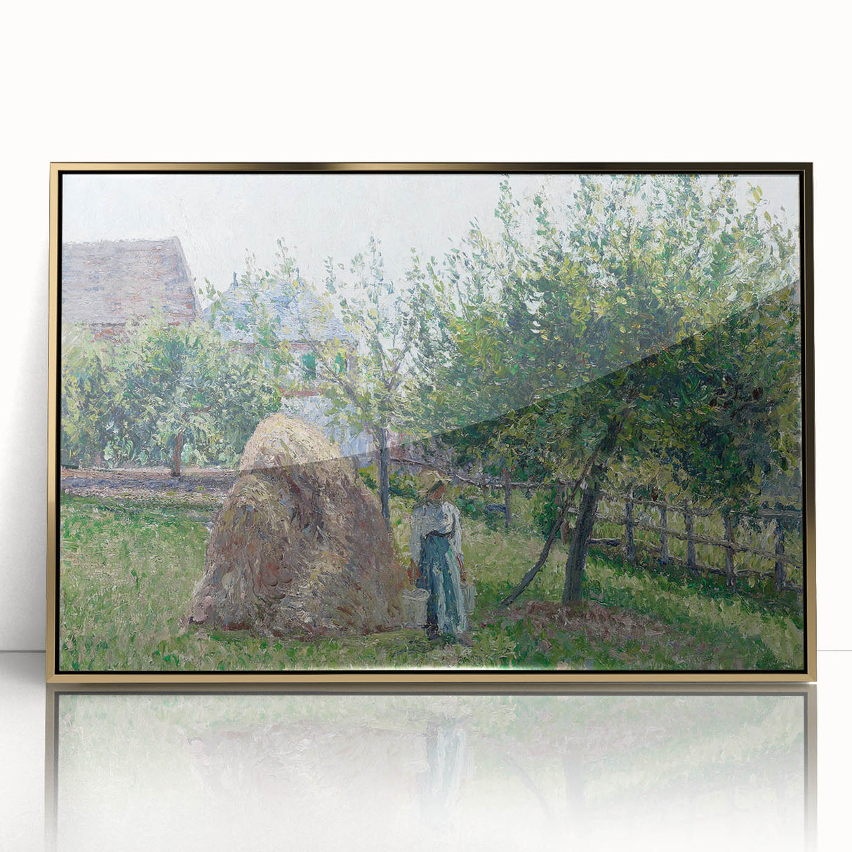 Mid-century modernist art print of a vibrant, colorful landscape on framed acrylic, suitable for modern decor.