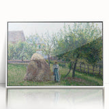 Art deco style poster of a Camille Pissarro painting in a white acrylic frame, featuring soft pastel tones.